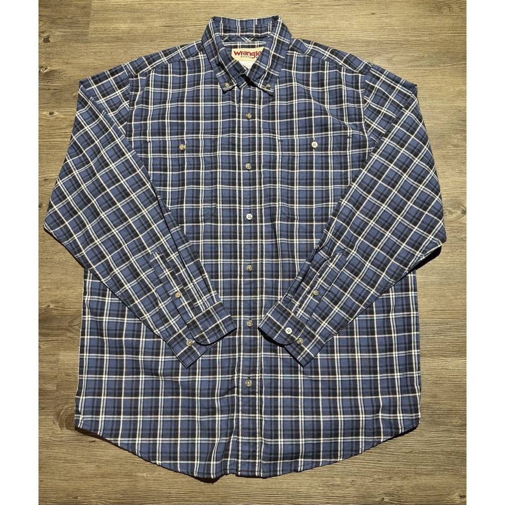 Wrangler Rugged Wear Mens L Blue Plaid Button Front Long Sleeve Casual Shirt